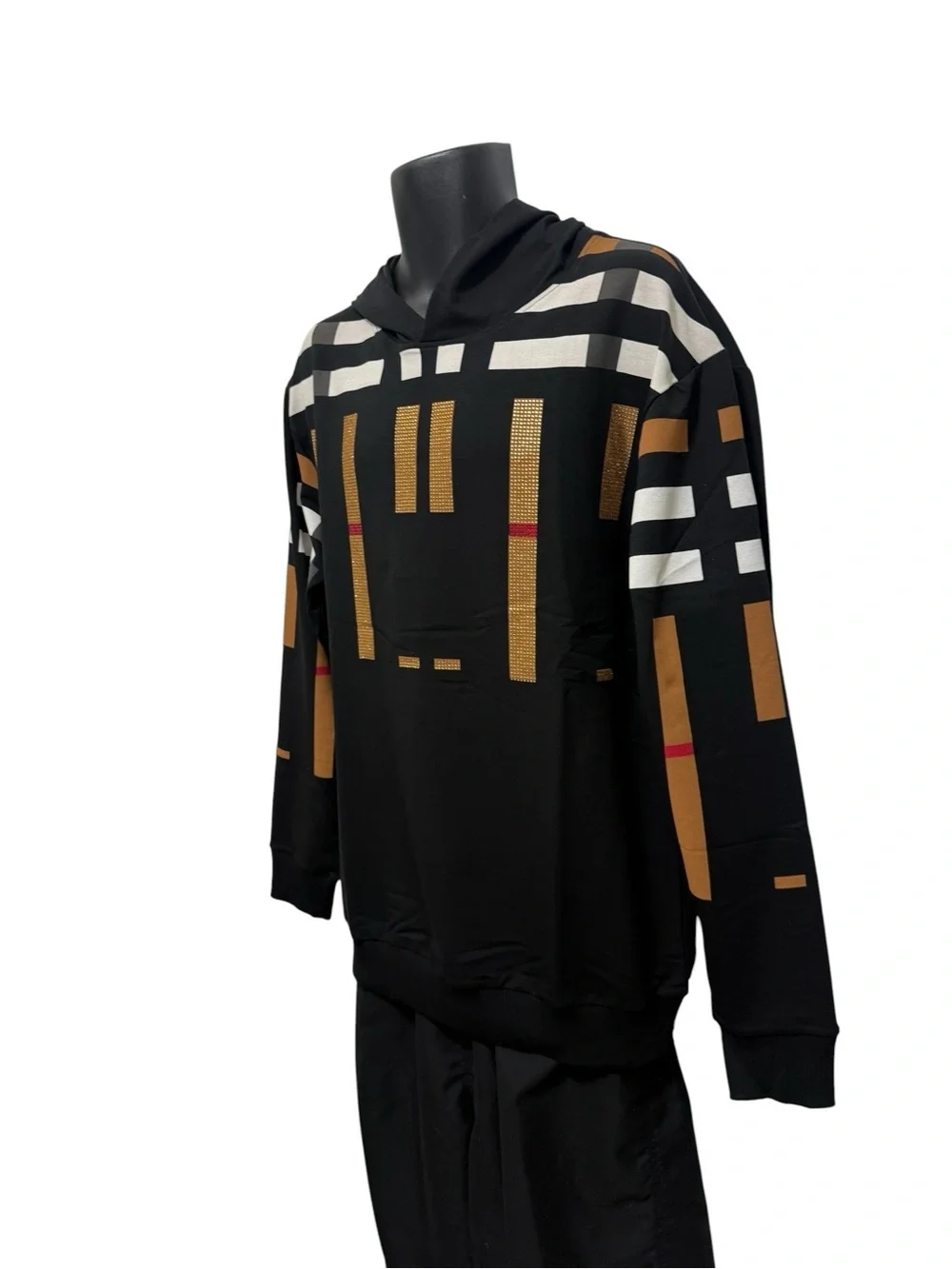 LAVERITA Black Hoodie with Geometric Tan, White & Red Block Pattern. new. large